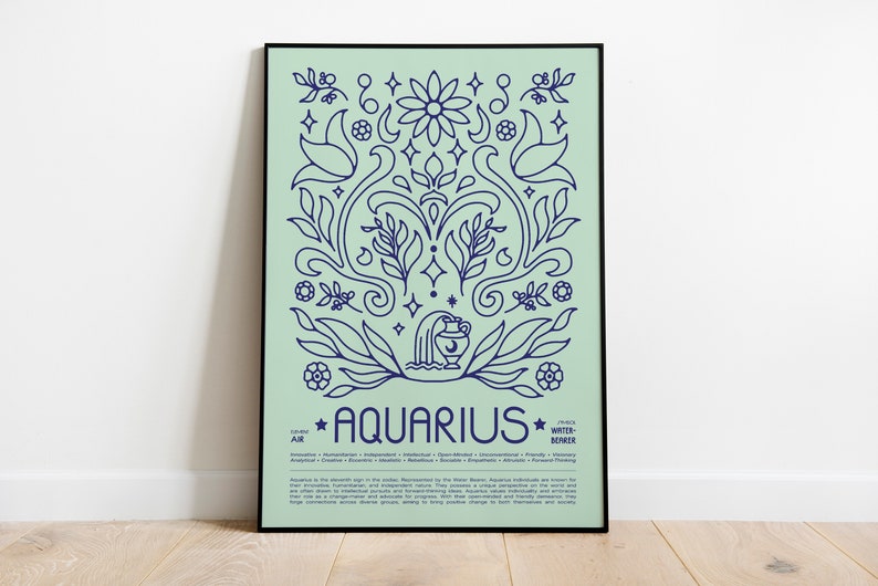 May include: A light blue and navy blue poster with a floral design and the text "AQUARIUS" in the center. The poster also includes the text "AIR" and "WATER BEARER" and a description of the zodiac sign Aquarius.