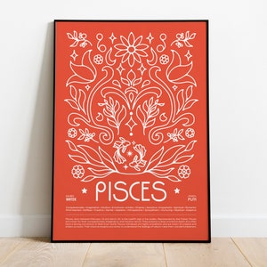 May include: A red poster with a white outline of a floral design and two fish. The poster has the text "PISCES" in white letters and the words "WINTER" and "PLUTO" in smaller white letters.