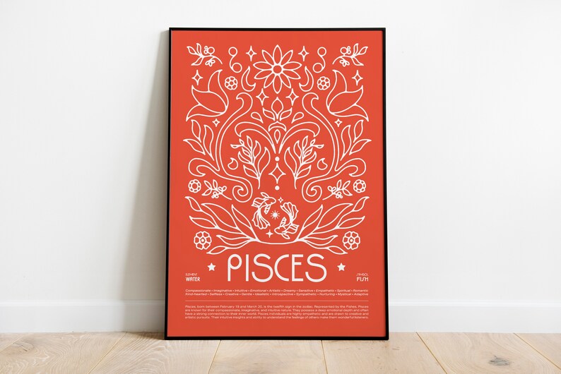 May include: A red poster with a white outline of a floral design and two fish. The poster has the text "PISCES" in white letters and the words "WINTER" and "PLUTO" in smaller white letters.