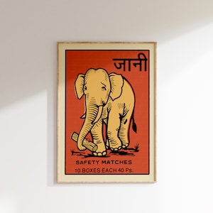 Póster retro de caja de cerillas india • Elefante • Póster vintage de caja de cerillas, póster de arte colorido, arte vintage de la India, arte mural maximalista, arte de caja de cerillas