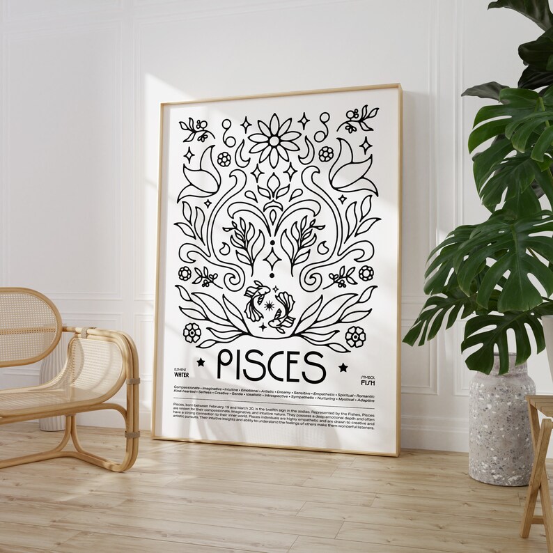 May include: Black and white illustration of a Pisces zodiac sign with a floral design. The sign is surrounded by stars and the text "Pisces" is written below the design. The text "Water" and "12th" are also included in the image.
