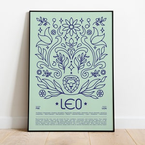 Plakat Lew • Wydruk horoskopu, astrologiczny obraz ścienny, tarot, plakat zodiakalny, prezent urodzinowy, minimalistyczny, prezenty dla znaku zodiaku, prezenty dla Lwa