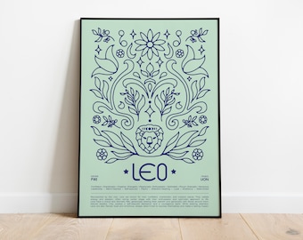 Puede incluir: Un póster ilustrado azul y verde con un diseño floral y un león en el centro. El póster tiene el texto "LEO" en letras grandes y una descripción del signo zodiacal Leo.