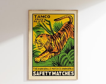 Retro Yellow Tiger Matchbox Poster • Vintage India Art Print • Sizes 8x12" - 20x28"