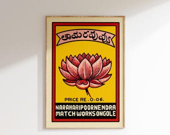 Retro Yellow & Red Lotus Matchbox Poster • Vintage India Art Print • Sizes 8x12" - 20x28″