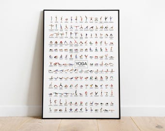 Yoga Poster • 156 Classical Poses, Bold Colorful Line Art, Asana Chart, Yoga Studio Decor