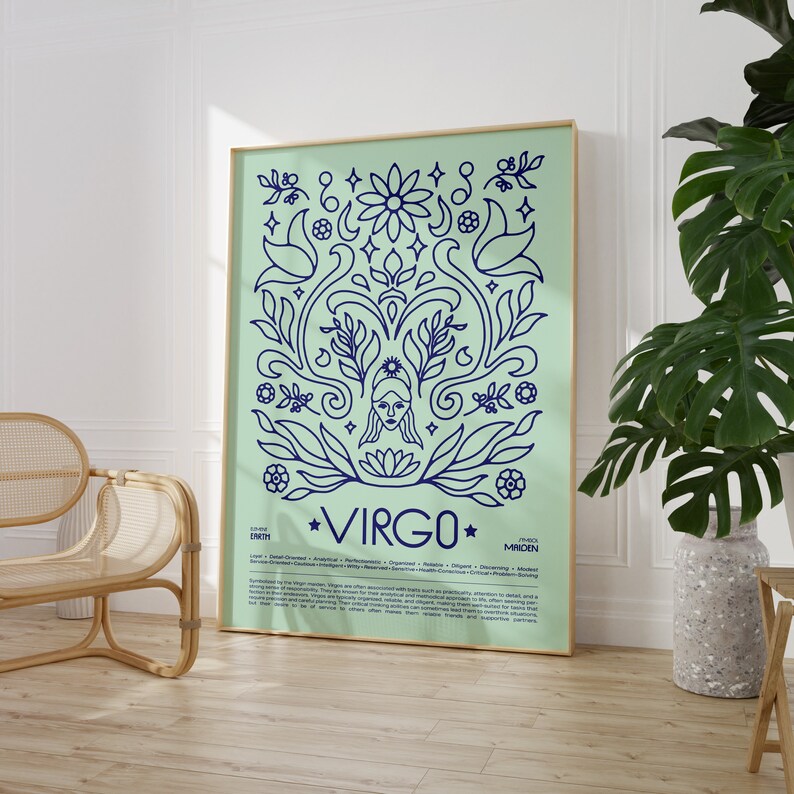 Może przedstawiać: Jasnozielony plakat z niebieskim wzorem kwiatowym i tekstem "VIRGO" w środku. Plakat zawiera r&oacute;wnież opis znaku zodiaku Panna.