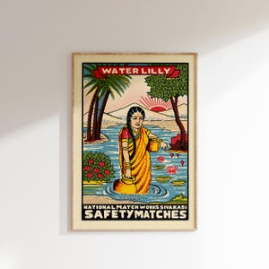 Retro Indian Matchbox Poster • Water Lily • Vintage Matchbox Poster, Colorful Art Poster, Vintage India Art, Matchbox art