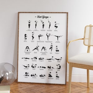 May include: A black and white printable poster with illustrations of different yoga poses. The poster has the title "Hot Yoga" at the top and lists the names of each pose in English.