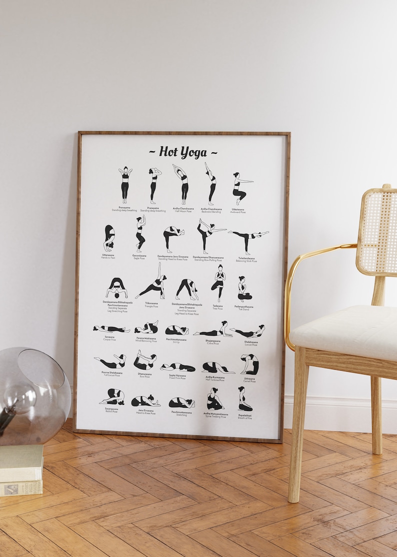 May include: A black and white printable poster with illustrations of different yoga poses. The poster has the title "Hot Yoga" at the top and lists the names of each pose in English.
