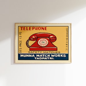 Póster retro de caja de cerillas india • Teléfono, póster vintage de caja de cerillas, póster de arte colorido, arte vintage de la India, arte mural maximalista, arte de caja de cerillas