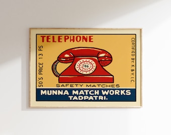 Retro Red & Yellow Telephone Matchbox Poster • Vintage India Art Print • Sizes 8x12" - 20x28″
