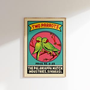 Póster retro de caja de cerillas india • Loros • Póster de caja de cerillas vintage, póster de arte colorido, arte vintage de la India, arte mural maximalista, arte de caja de cerillas