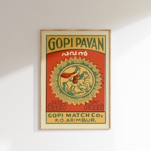 Retro Indian Matchbox Poster • Warrior • Vintage Matchbox Poster, Colorful Art Poster, Vintage India Art, Maximalist Wall Art, Matchbox art