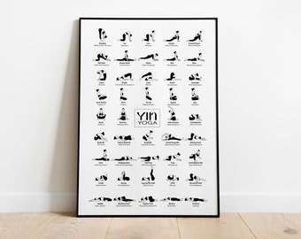 Yin Yoga Poster • Black & White • 44 Classic Asanas Wall Art Print • Sizes 12x16" - 28x39″
