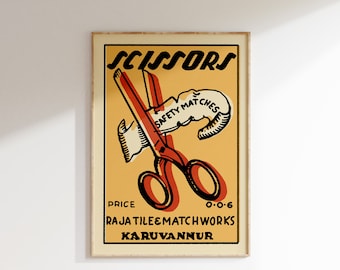 Retro Scissors Matchbox Poster • Vintage India Art Print • Sizes 8x12" - 20x28″