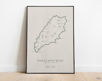 Tour du Mont Blanc Print, Wanderposter, Wanderposter, Wanderwandkunst, Reiseposter, Kartenposter, Kartenwandkunst