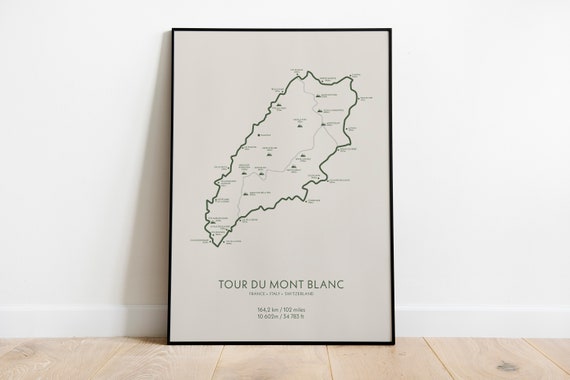 Tour du Mont Blanc Trail Poster • Hiking Map Wall Art Print • Sizes 8x12" - 28x39"