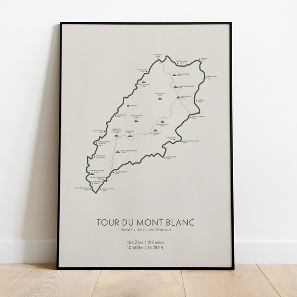 Impression sentier du Tour du Mont Blanc, affiche de randonnée, affiche de sentier, art mural de randonnée, affiche de voyage, affiche de carte, art mural carte, art mural sentier