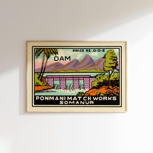 Retro Indian Matchbox Poster • Dam • Vintage Matchbox Poster, Colorful Art Poster, Vintage Japanese Art, Matchbox art, Mid Century