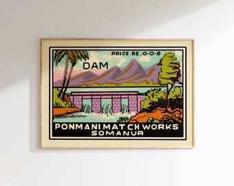 Retro Indian Matchbox Art Print • Dam • Mid-Century Modern Wall Decor