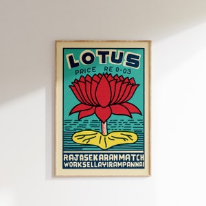 Póster retro de caja de cerillas india • Lotus 4 • Póster vintage de caja de cerillas, póster de arte colorido, arte vintage de la India, arte mural maximalista, arte de caja de cerillas
