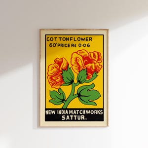 Retro Indian Matchbox Poster • Cotton Flower • Vintage Matchbox Poster, Colorful Art Poster, Vintage India Art, Maximalist Art, Matchbox art