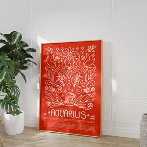 May include: A red and white poster with a floral design and the text "Aquarius" in the center. The poster also includes the zodiac symbol for Aquarius, a water bearer, and the elements "Air" and "Water Bearer".