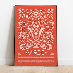 Może przedstawiać: Czerwony plakat z białym obrysem stylizowanego znaku zodiaku Panna. Plakat zawiera tekst "PANNA" i opis znaku zodiaku Panna.