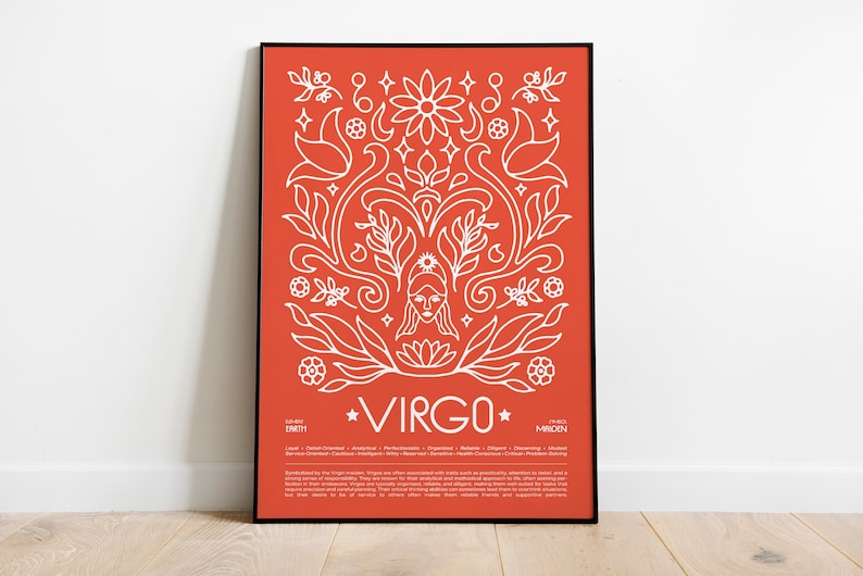 Może przedstawiać: Czerwony plakat z białym obrysem stylizowanego znaku zodiaku Panna. Plakat zawiera tekst "PANNA" i opis znaku zodiaku Panna.