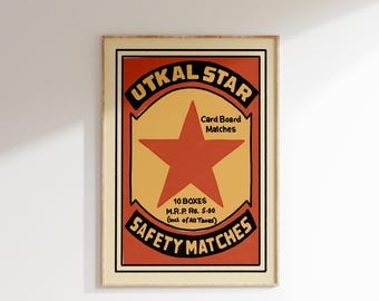 Retro Red & Yellow Utkal Star Matchbox Poster • Vintage India Art Print • Sizes 8x12" - 20x28″
