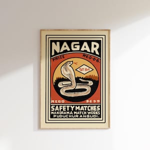 Retro Indian Matchbox Poster • Serpent • Vintage Matchbox Poster, Colorful Art Poster, Vintage India Art, Maximalist Wall Art, Matchbox art