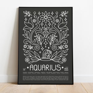Aquarius Zodiac Poster • Art Nouveau Horoscope Print • Sizes 8x12" - 28x39" Dark gray