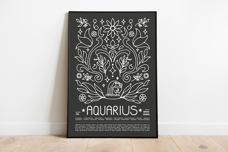 Aquarius Zodiac Poster • Art Nouveau Horoscope Print • Sizes 8x12" - 28x39" Dark gray