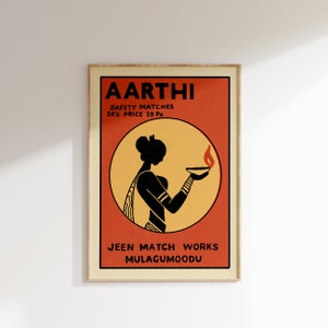 Retro Indian Matchbox Poster • Aarthi • Vintage Matchbox Poster, Colorful Art Poster, Vintage India Art, Maximalist Wall Art, Matchbox art