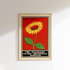 Retro Indian Matchbox Poster • Sunflower, Vintage Matchbox Poster, Colorful Art Poster, Vintage India Art, Maximalist Wall Art, Matchbox art