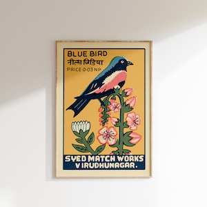 Retro Gul Fågel Matchbox Poster • Vintage Indien Konsttryck • Storlekar 8x12" - 20x28"