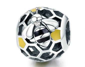 Honey Bee Charm Bead Honeycomb Queen Bumble Bee Insect Compatible With Pandora Bracelets Genuine 925 Sterling Silver & Enamel