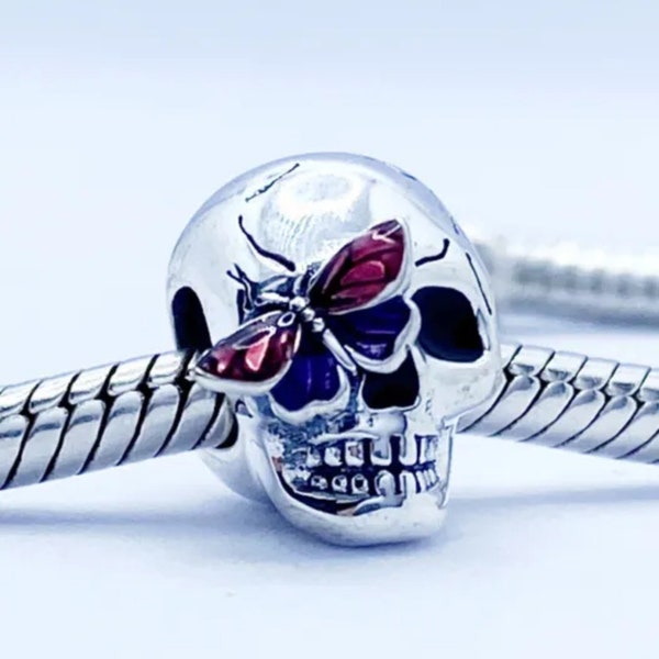 Perle de charme tête de mort Halloween tête de squelette papillon compatible avec les bracelets Pandora en argent sterling 925 véritable