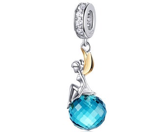 Elf Planet Dangle Charm Pendant Fairy Blue Crystal Compatible With Pandora Bracelets Genuine 925 Sterling Silver