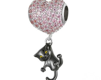 I love my cat charm coeur noir avec oxyde de zirconium rose compatible avec les bracelets Pandora argent sterling 925 véritable