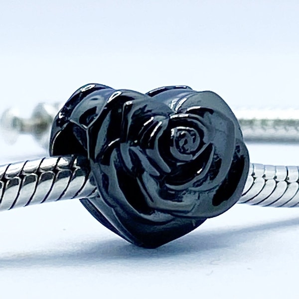 Black Rose Flower Charm Bead Gothic Halloween Compatible With Pandora Bracelets Genuine 925 Sterling Silver