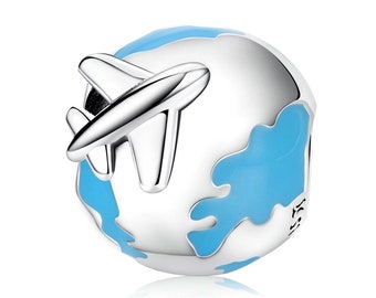 Travel Charm Bead Holiday Plane 'I Love To Travel The World' Compatible With Pandora Bracelets Genuine 925 Sterling Silver