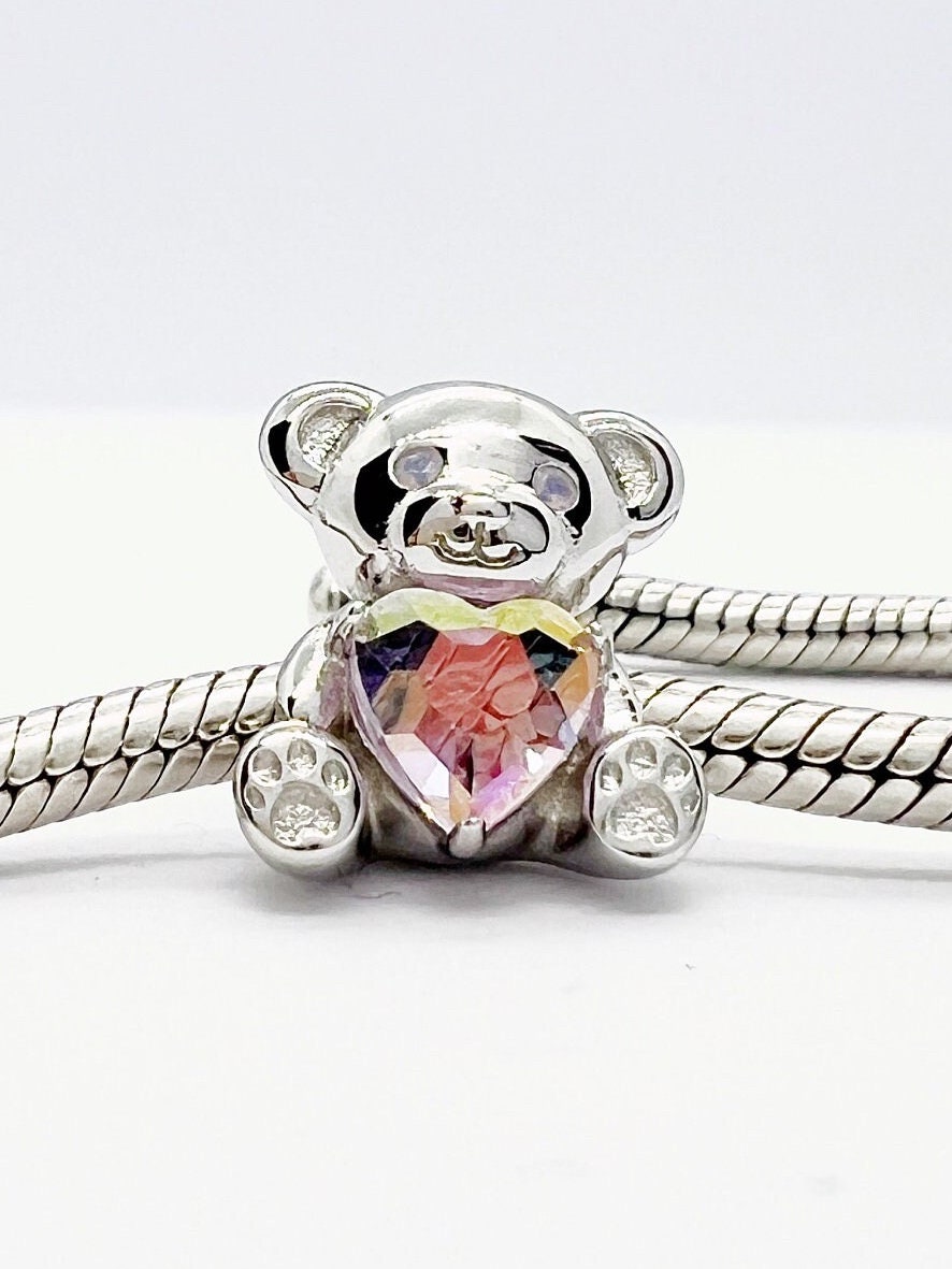 Cute Teddy Bear Charm Bead Pink Love Heart Compatible With Pandora Bracelets Genuine 925 Sterling Silver