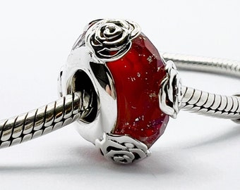 Red Rose Flower Murano Glass Charm Bead Floral Compatible With Pandora Bracelets Genuine 925 Sterling Silver