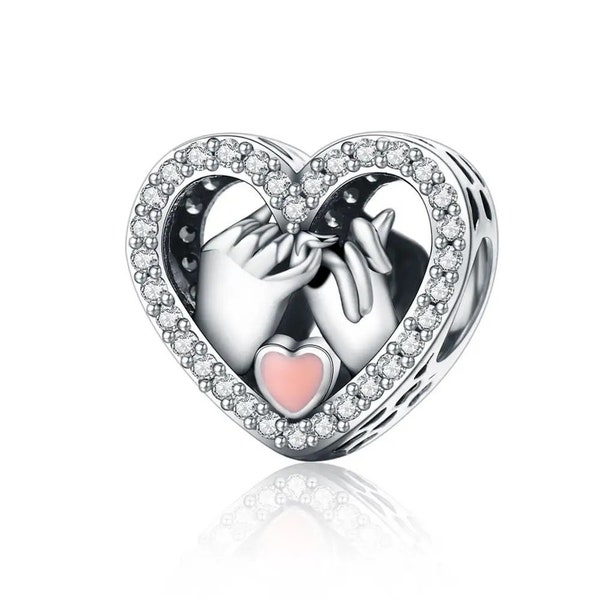 Ciondolo a forma di cuore con mignolo, mani d'amore con zirconi, compatibile con i braccialetti Pandora, autentico argento sterling 925.