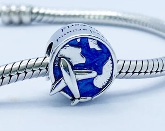 Travel Charm Bead Holiday Plane 'I Love To Travel The World' Compatible With Pandora Bracelets Genuine 925 Sterling Silver