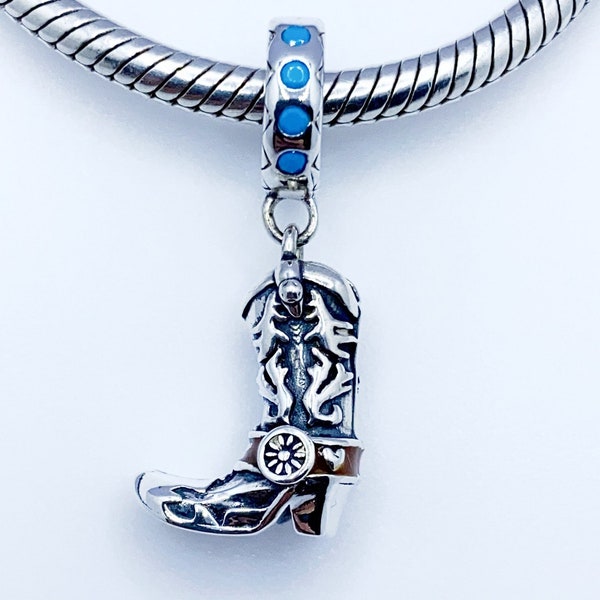 Cowboy Boot Dangle Charm Pendant Western With Cubic Zirconia Compatible With Pandora Bracelets Genuine 925 Sterling Silver