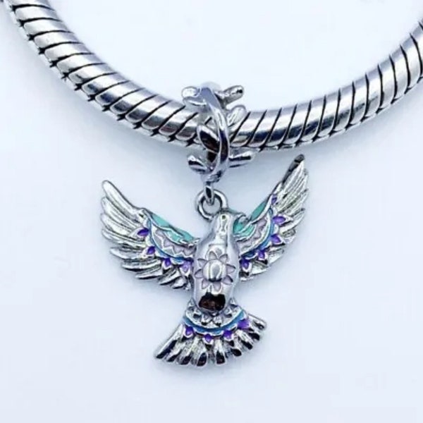 Ciondolo pendente con colomba della pace, uccello, compatibile con i braccialetti Pandora, autentico argento sterling 925 e smalto