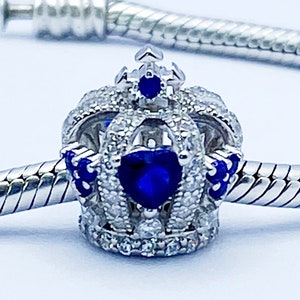 Royal Crown Charm Bead King Queen Blue Cubic Zirconia Compatible With Pandora Bracelets Genuine 925 Sterling Silver